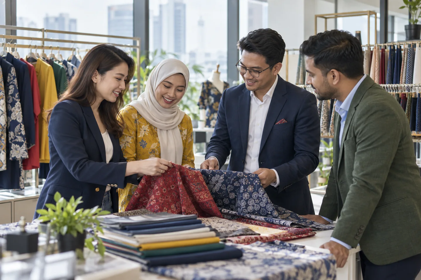 Malaysian textile professionals reviewing fabric together